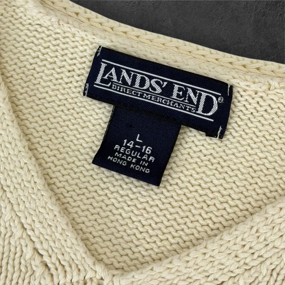 Lands' End Sweater Womens Large Cream Cotton V Neck Knit Pullover Hong Kong